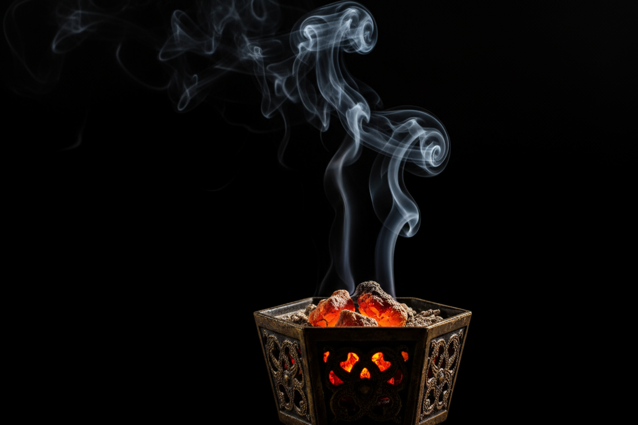 bakhoor with smoke on black background