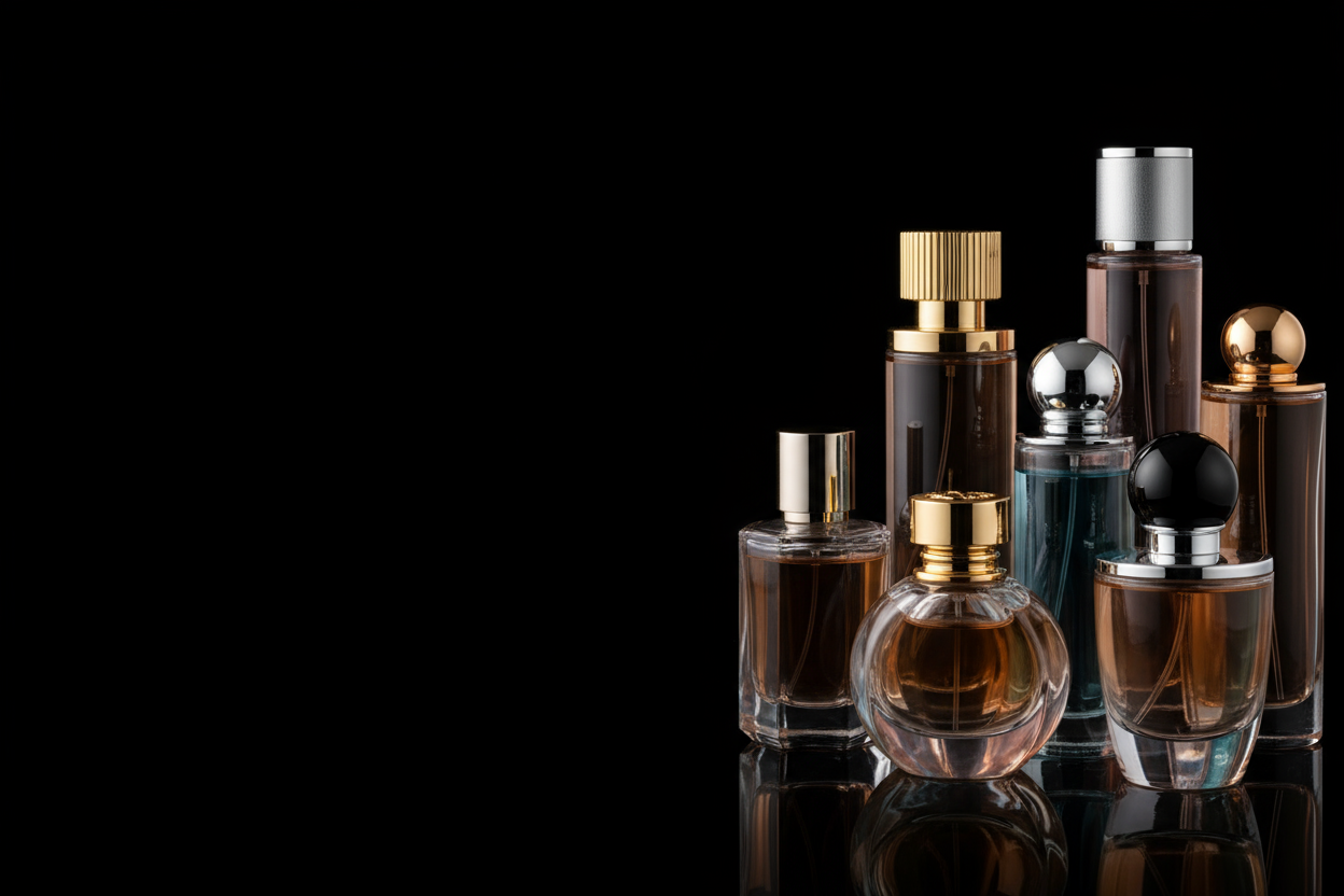black background with perfumes on right side and no text
